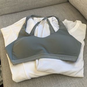 Bundle of 3 lululemon white crop size 8 leggings, long sleeve size 8 and bra 34C